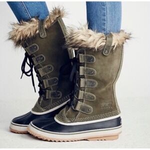 Sorel Joan of Arctic Waterproof Winter Boots Olive Green Faux Fur Women's 6